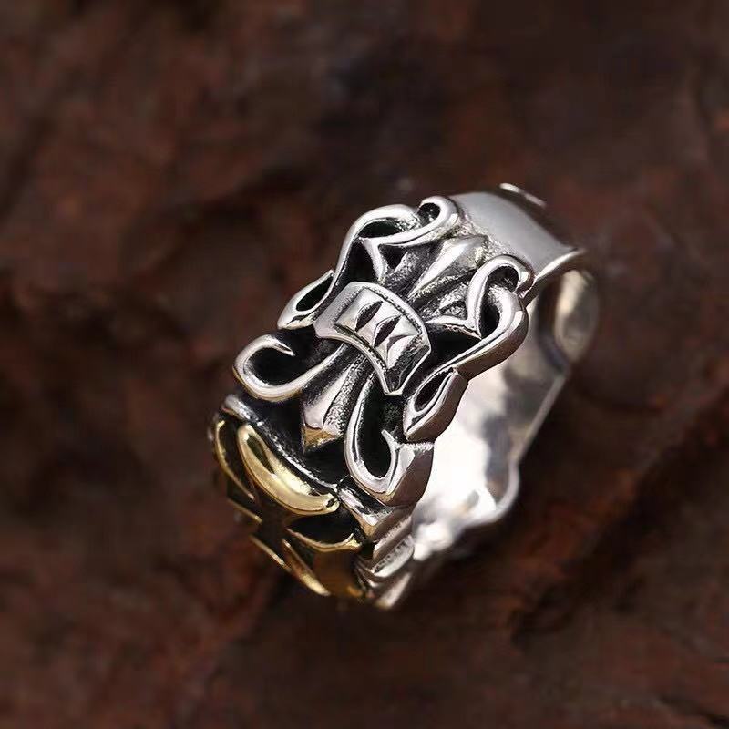S925 Silver Punk Men's Cross Ring Anchor Flower