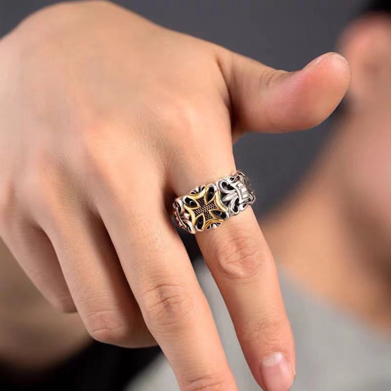 S925 Silver Punk Men's Cross Ring Anchor Flower
