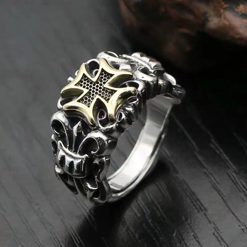S925 Silver Punk Men's Cross Ring Anchor Flower